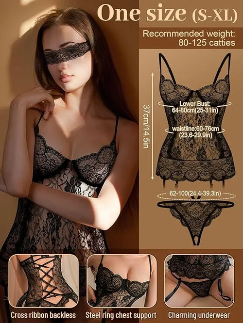 4-Piece Lace Babydoll Lingerie Set – Sheer Bodysuit, Thong, Stockings & Eye Mask