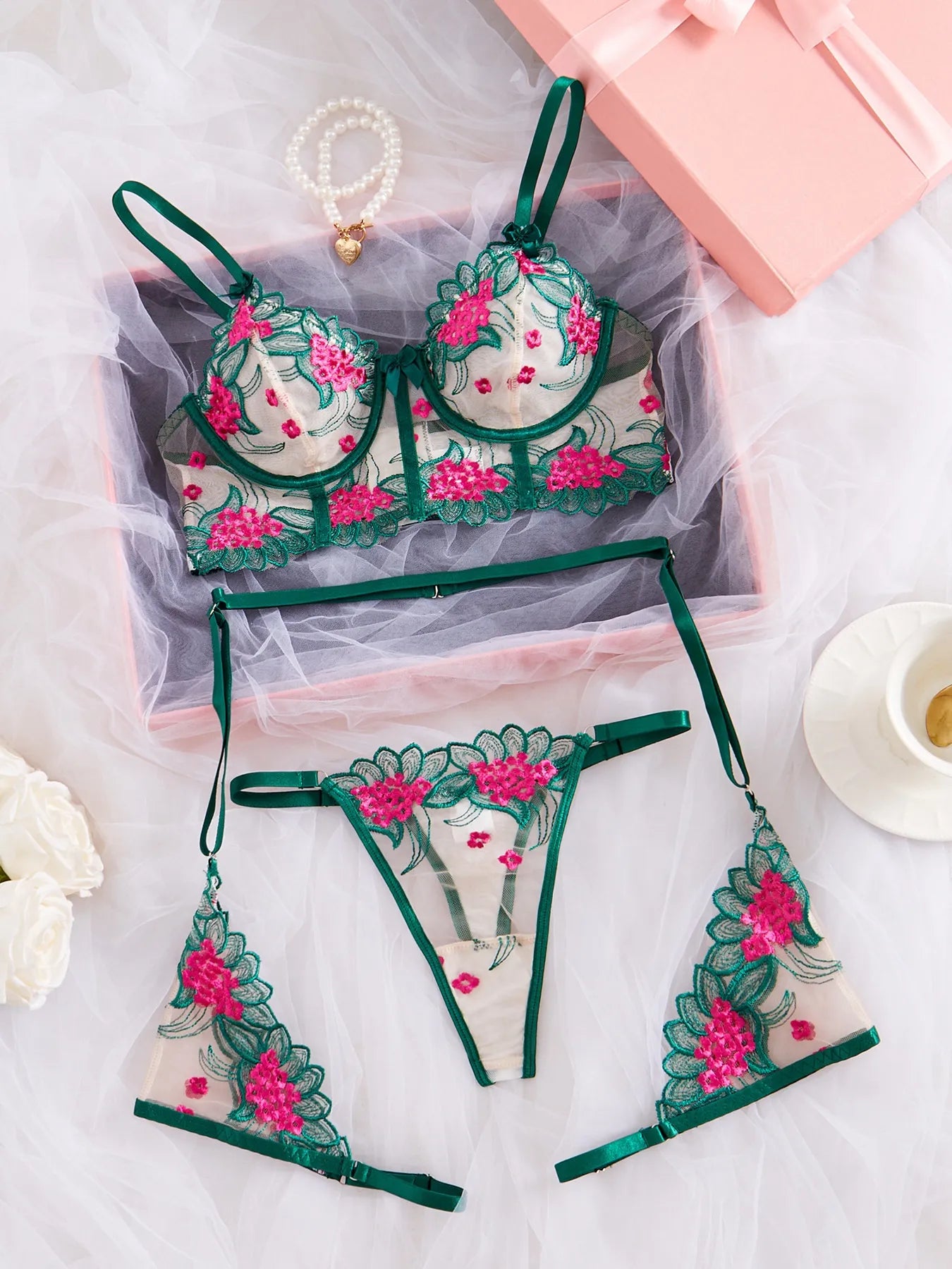 Women's Sheer Mesh Lingerie Set – See-Through Uniform Style | Green