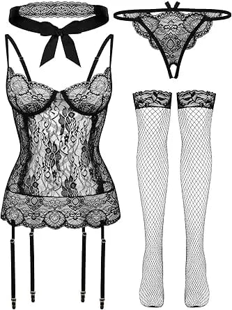 4-Piece Lace Babydoll Lingerie Set – Sheer Bodysuit, Thong, Stockings & Eye Mask