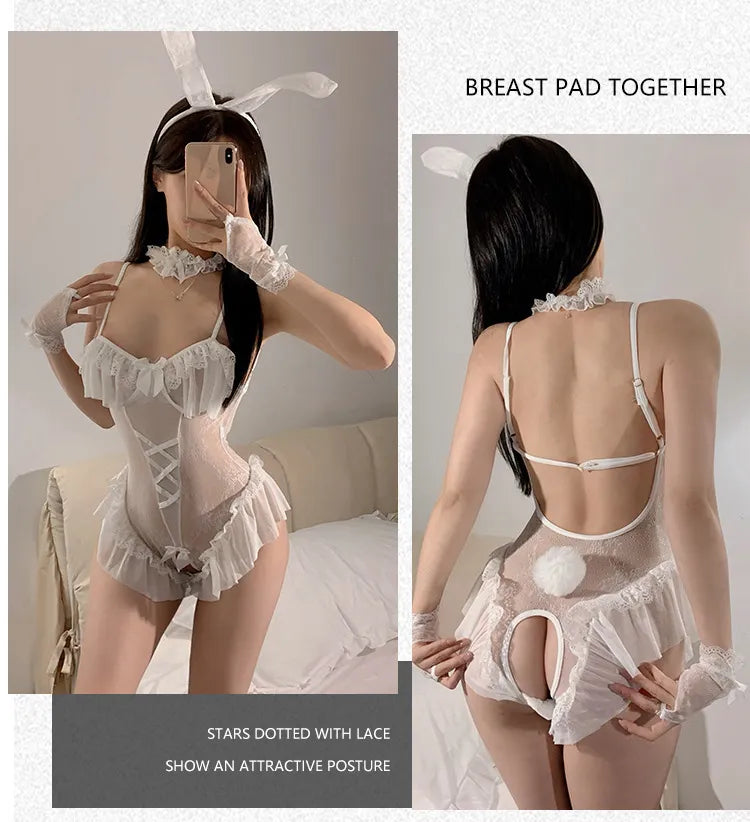 Sexy Bunny Lingerie Costume Set – Bodysuit & Stockings for Women